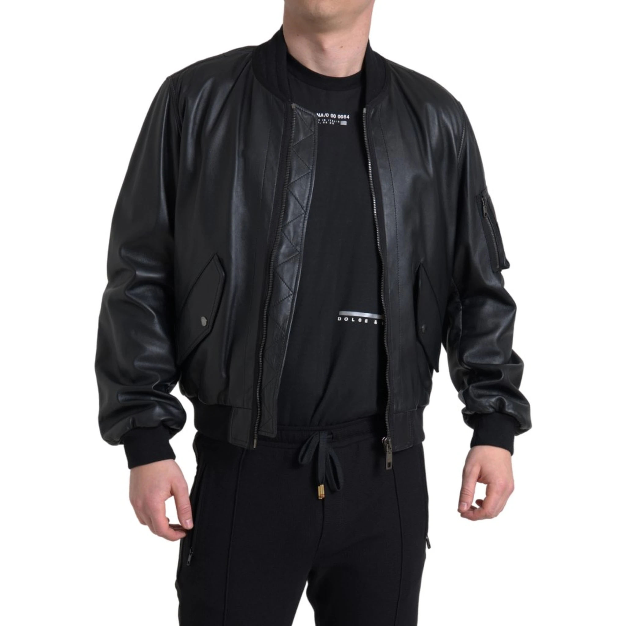 Black Leather Blouson Full Zip Bomber Jacket