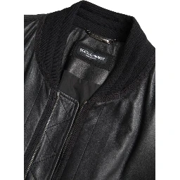 Black Leather Blouson Full Zip Bomber Jacket