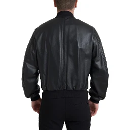 Black Leather Blouson Full Zip Bomber Jacket