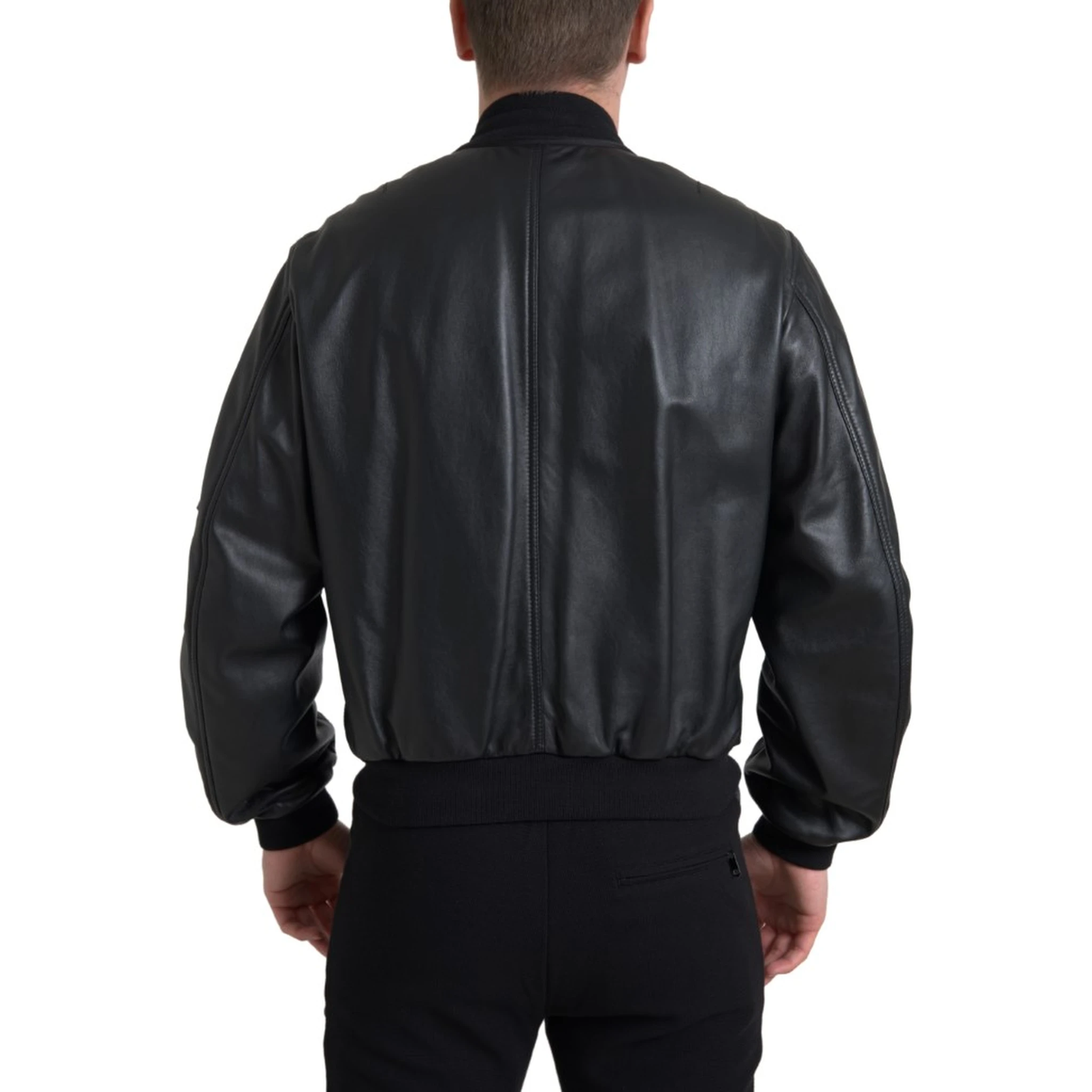 Black Leather Blouson Full Zip Bomber Jacket