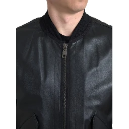 Black Leather Blouson Full Zip Bomber Jacket