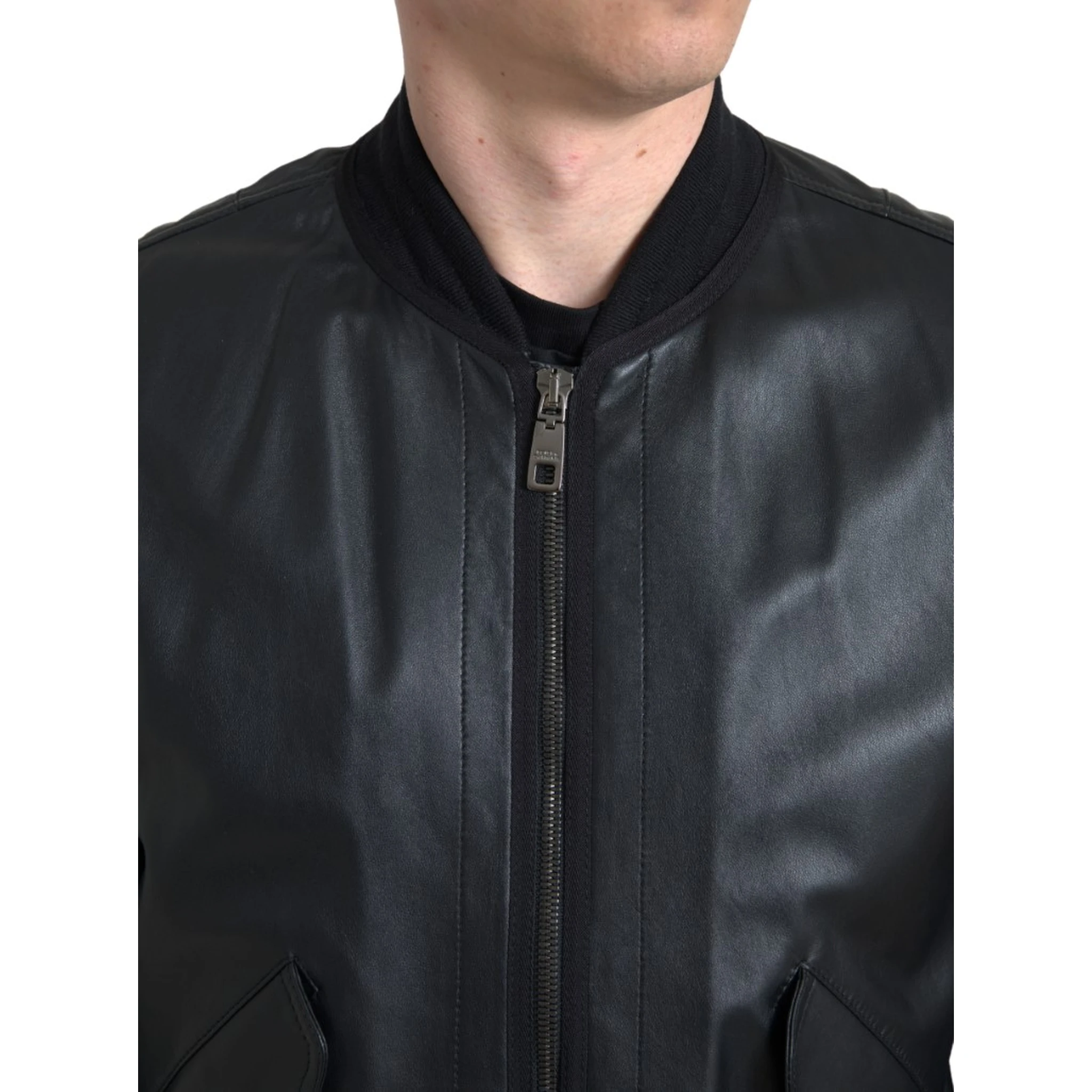 Black Leather Blouson Full Zip Bomber Jacket