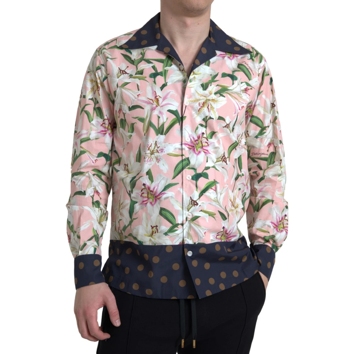 Cotton Polka Dot Lily Print Collared Shirt