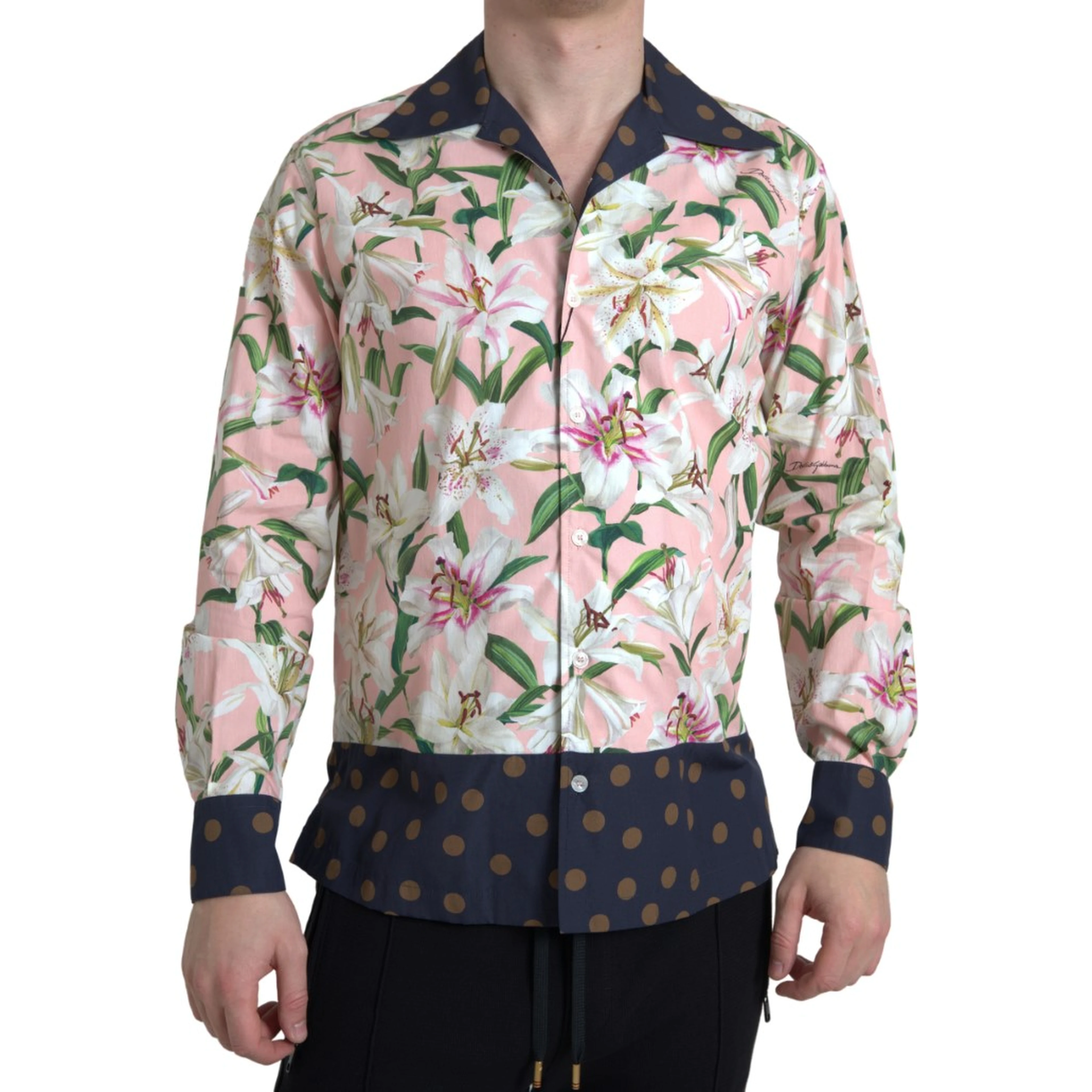 Cotton Polka Dot Lily Print Collared Shirt