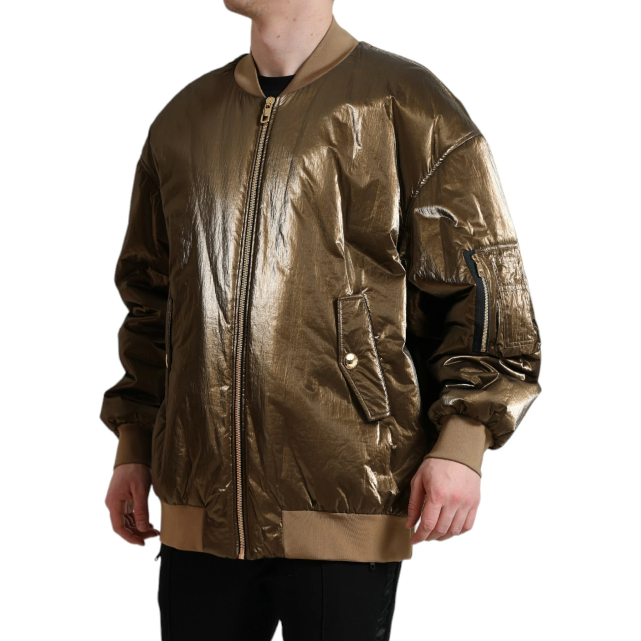 Bronze Nylon Full Zip Men Bomber Jacket