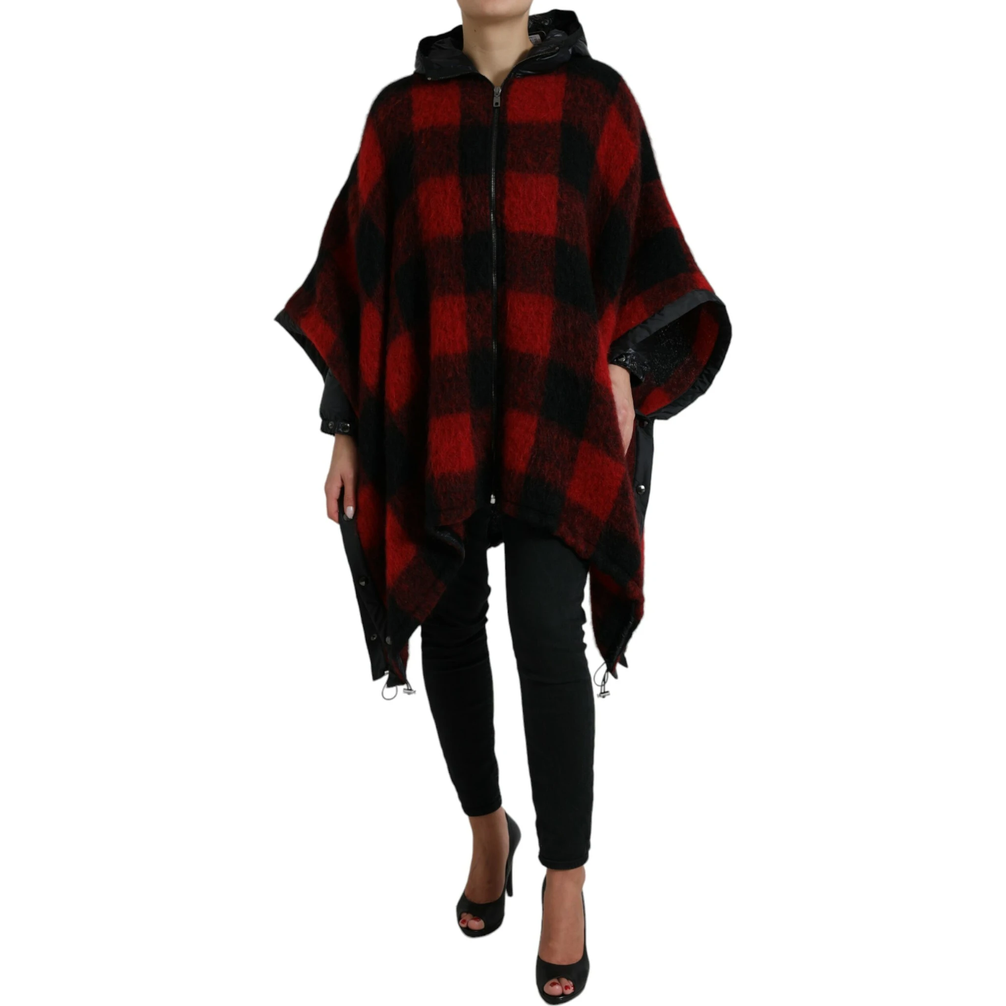 Black Red Buffalo Check Hooded Poncho Jacket
