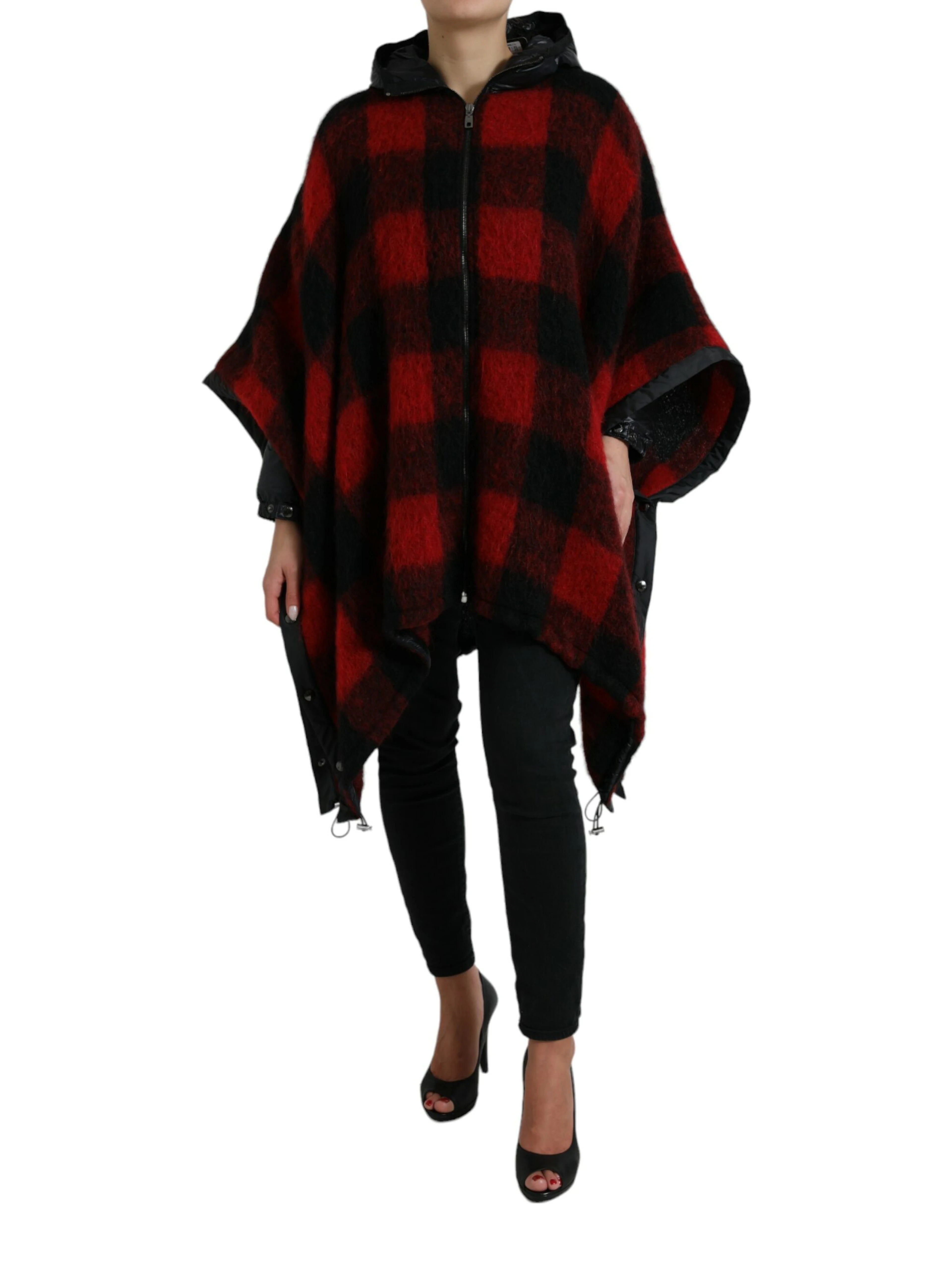 Black Red Buffalo Check Hooded Poncho Jacket