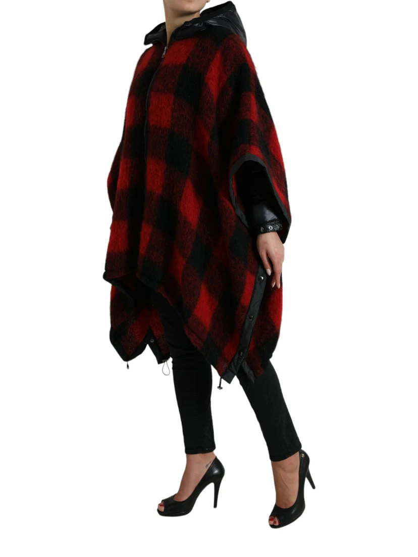 Black Red Buffalo Check Hooded Poncho Jacket