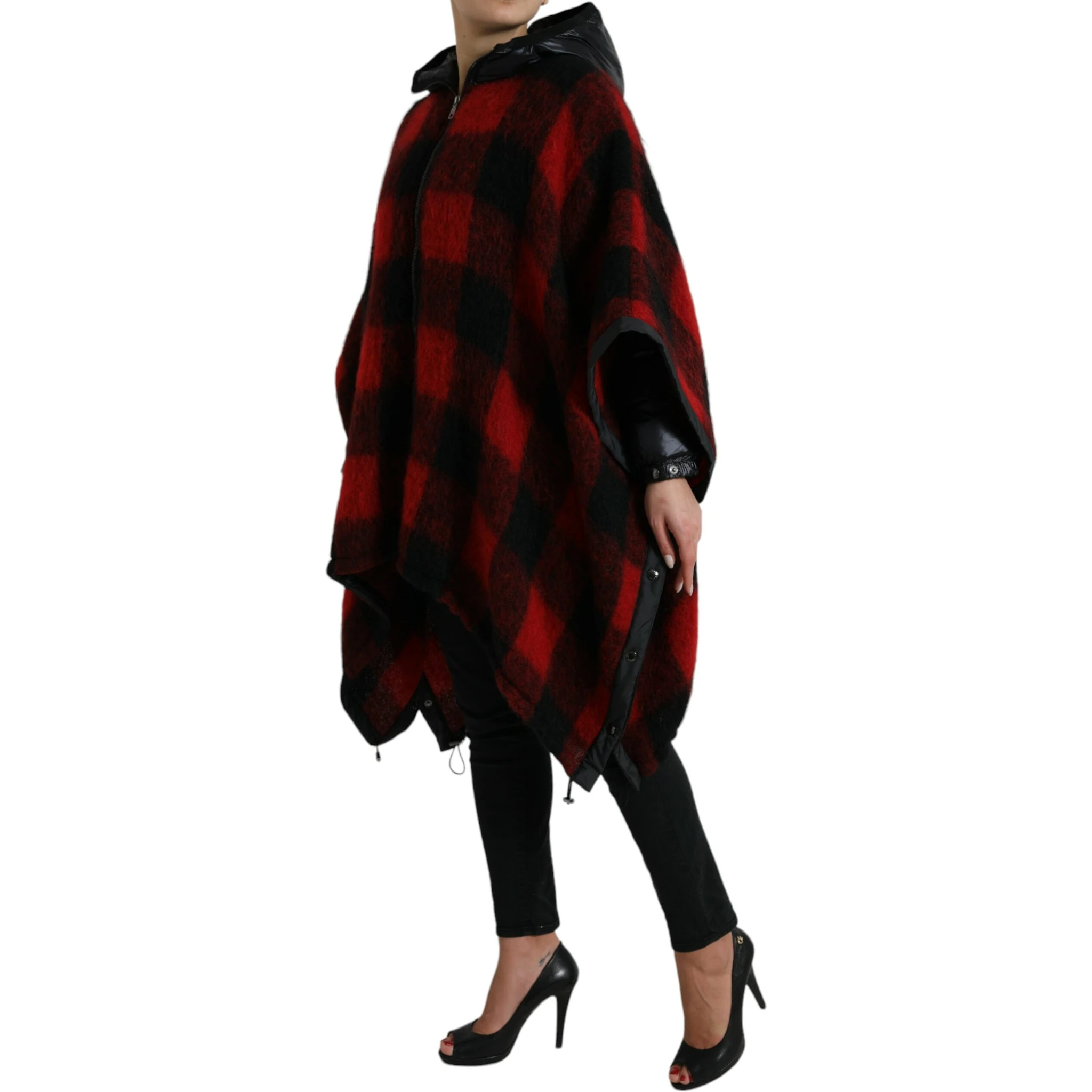 Black Red Buffalo Check Hooded Poncho Jacket