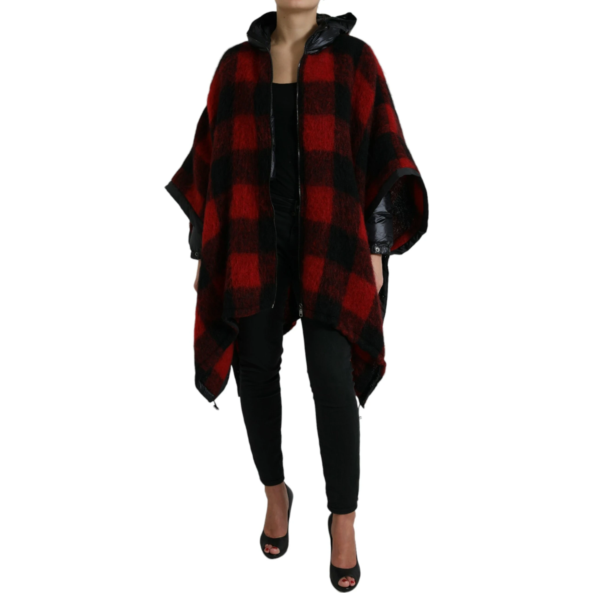 Black Red Buffalo Check Hooded Poncho Jacket