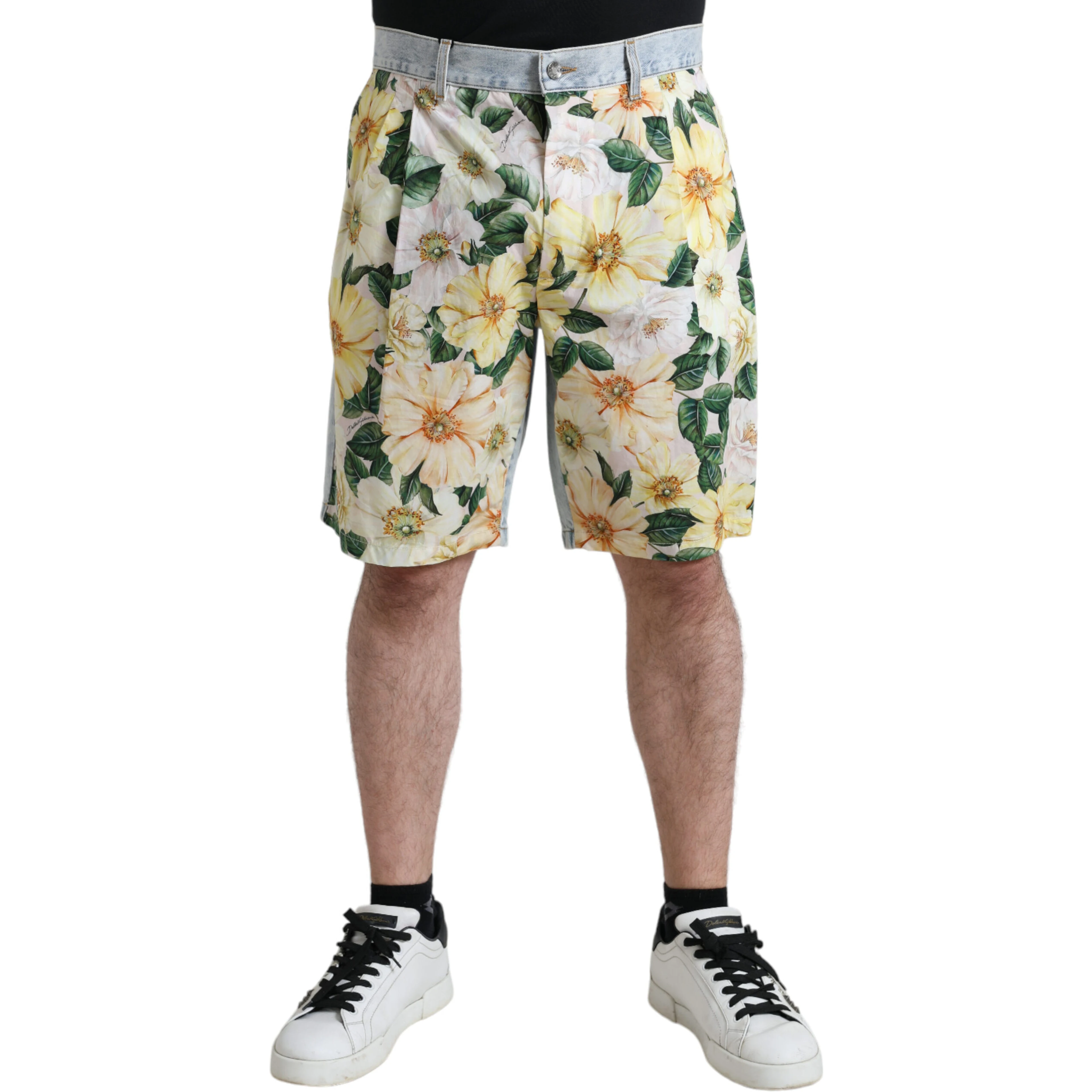 Multicolor Floral Print Denim Bermuda Shorts