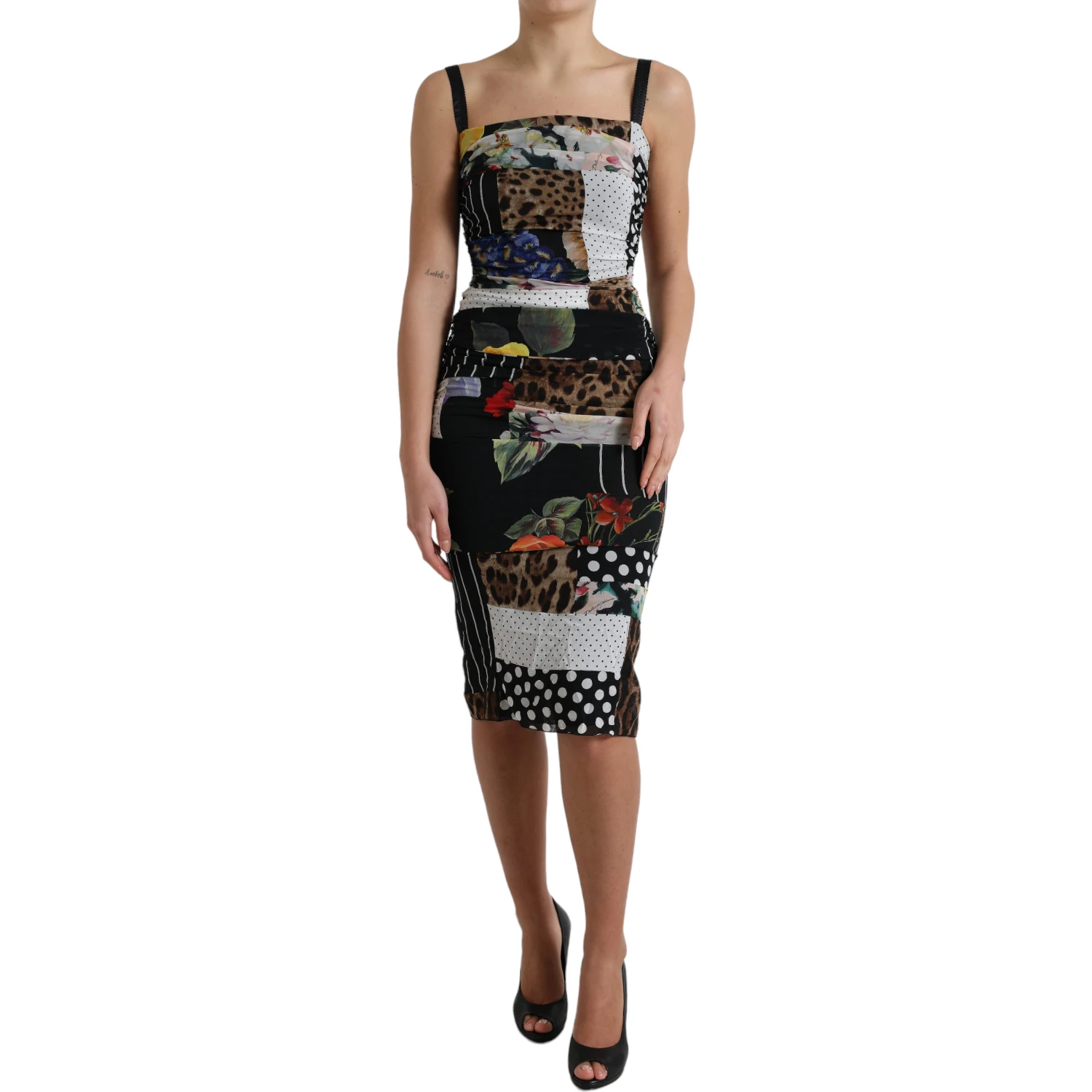 Multicolor Patchwork Midi Floral Leopard Bodycon Dress