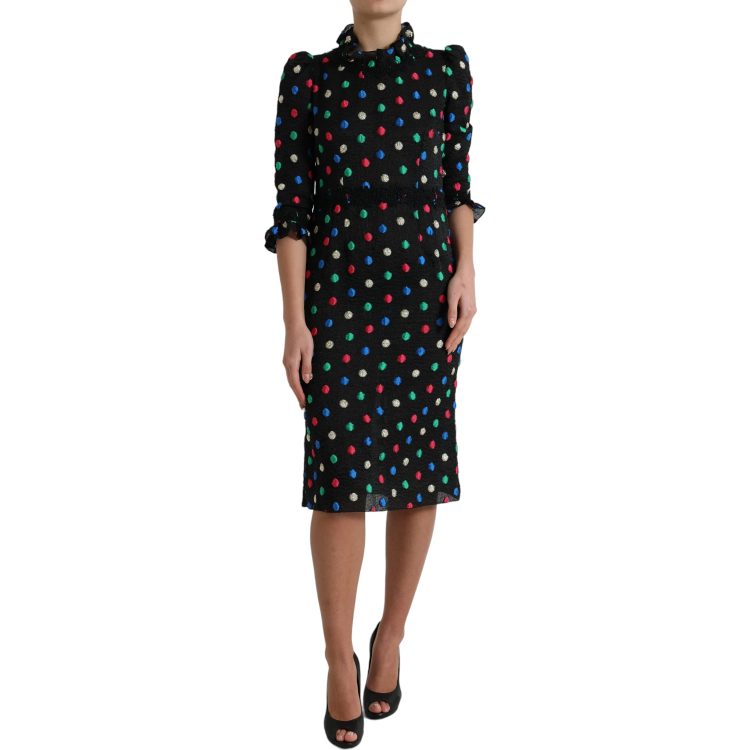 Black Polka Dot Ruffle Cotton Midi Dress