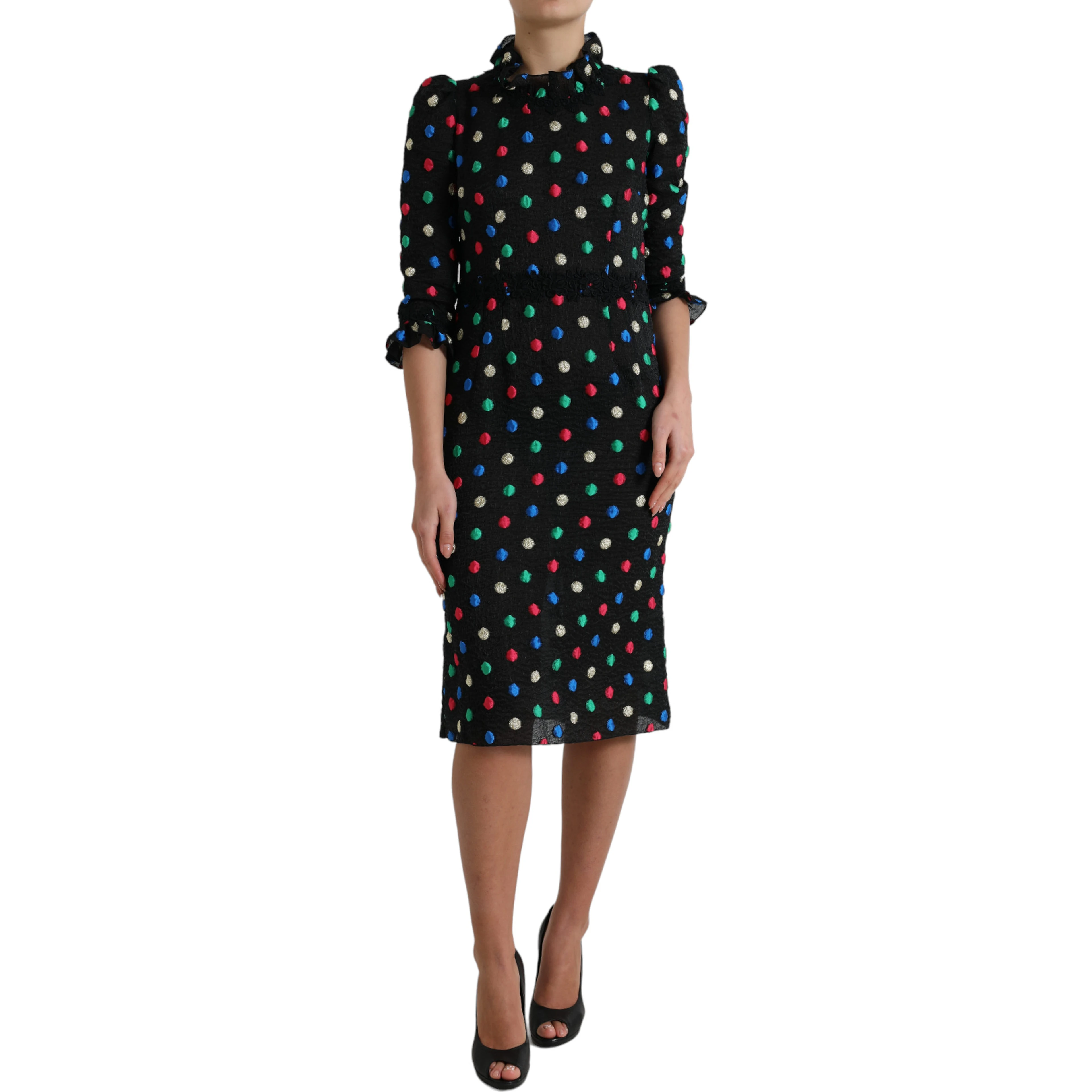Black Polka Dot Ruffle Cotton Midi Dress