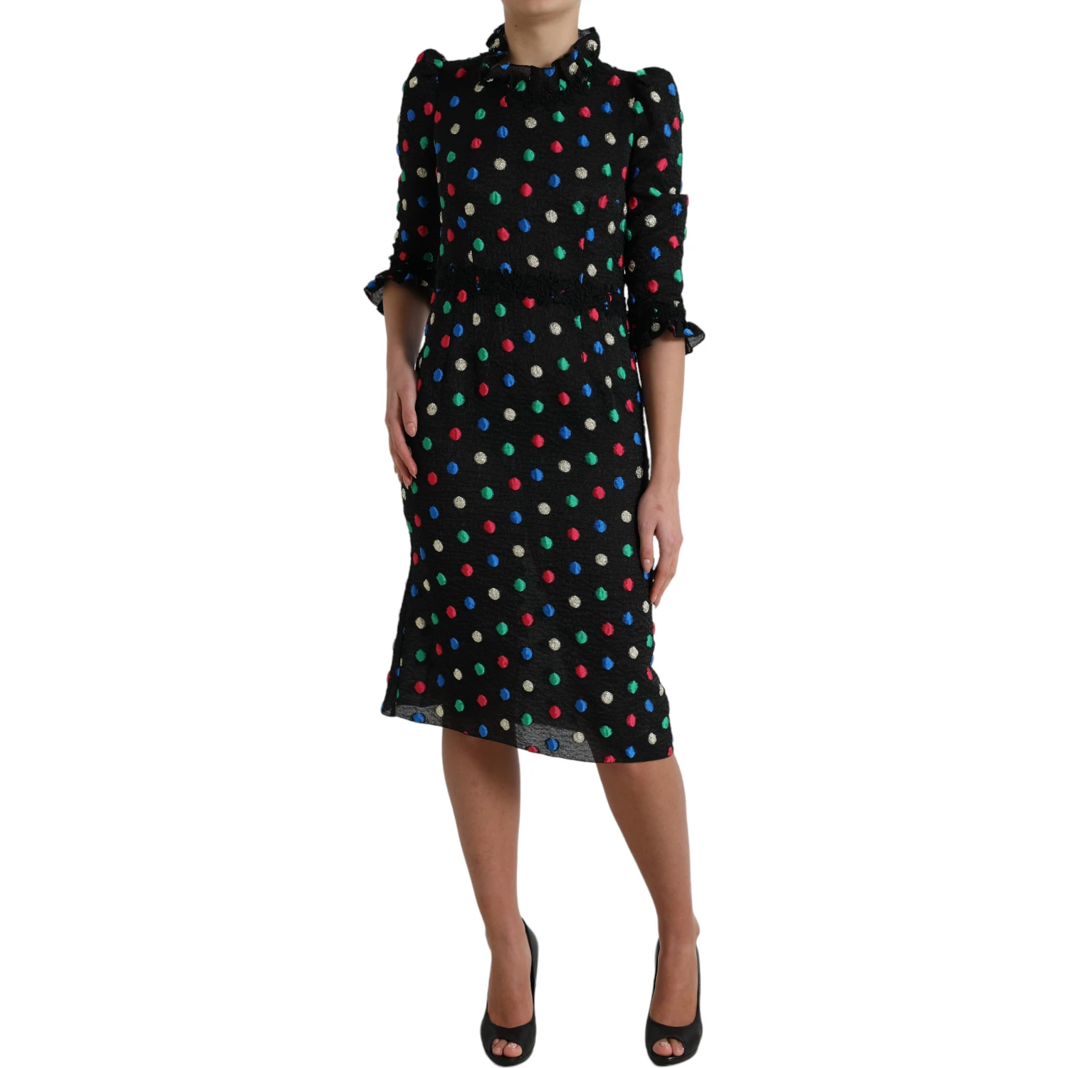 Black Polka Dot Ruffle Cotton Midi Dress