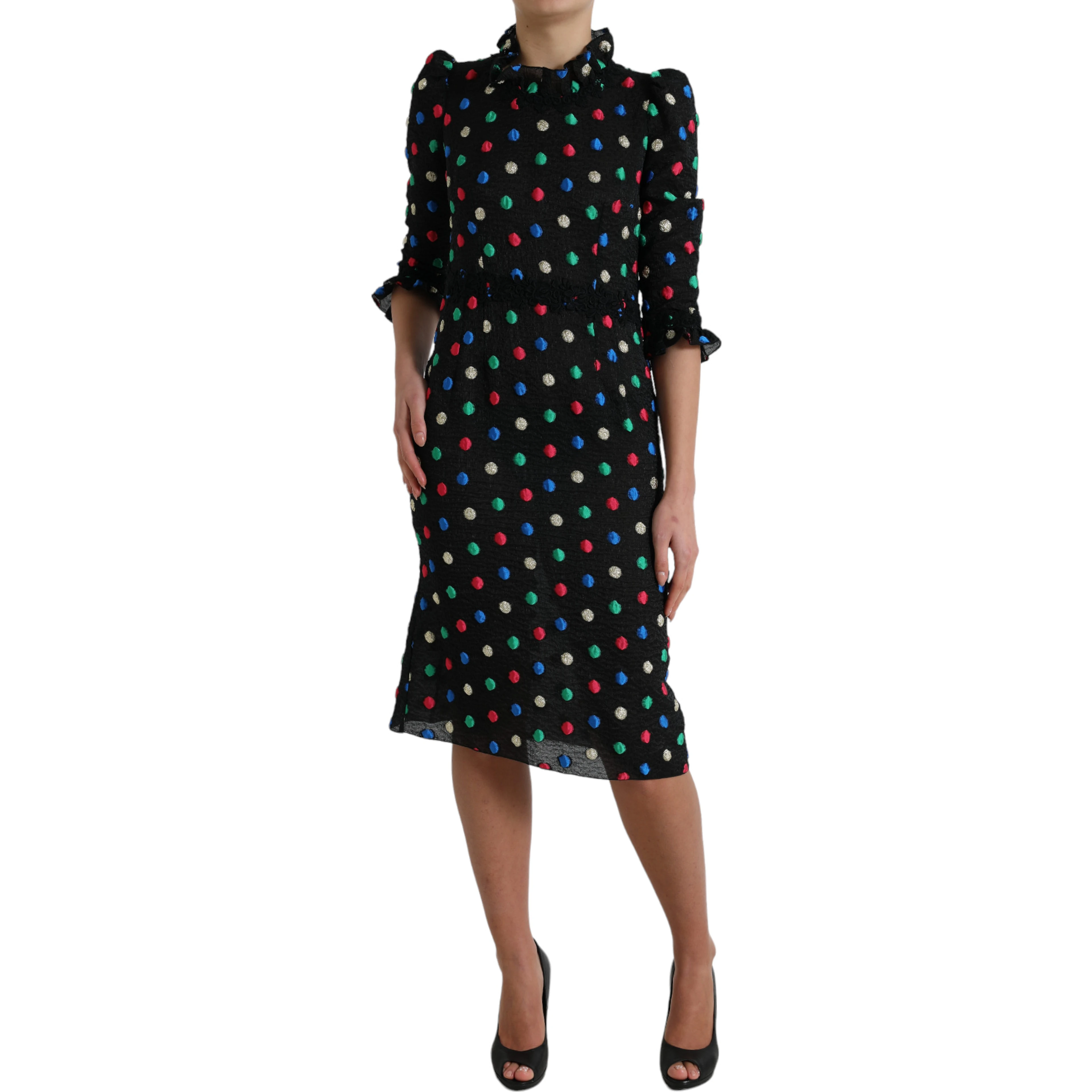 Black Polka Dot Ruffle Cotton Midi Dress
