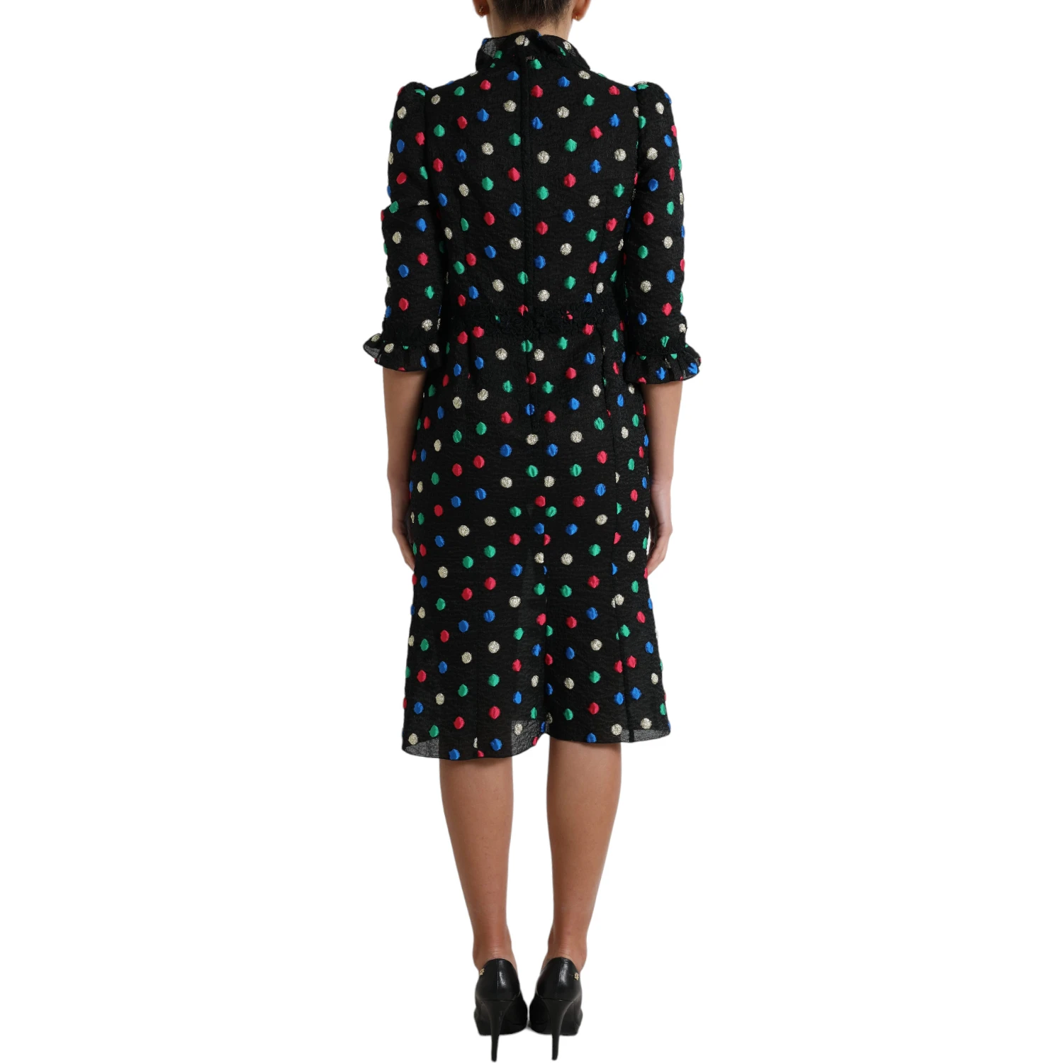 Black Polka Dot Ruffle Cotton Midi Dress