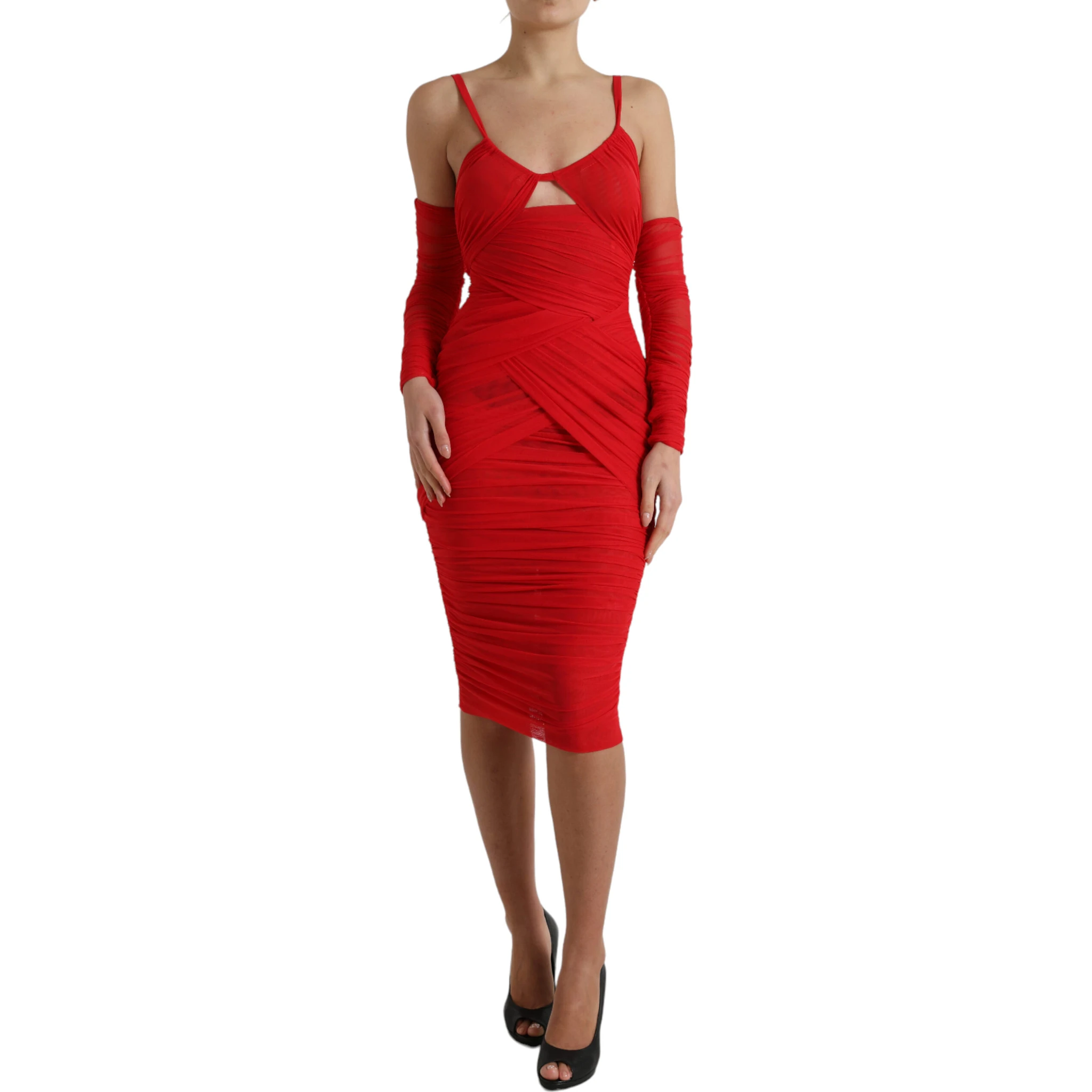 Red Nylon Stretch Cut Out Midi Dress