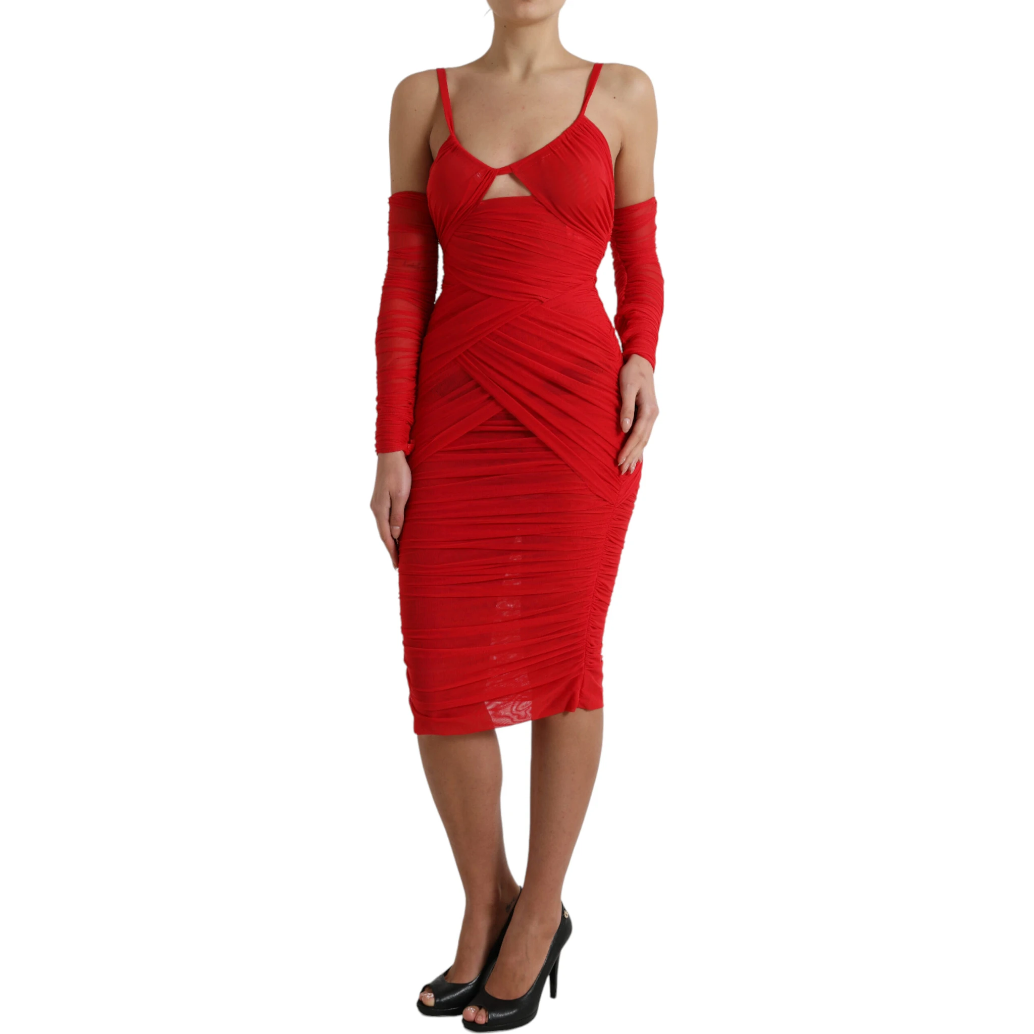 Red Nylon Stretch Cut Out Midi Dress