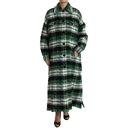 Green Plaid Long Sleeve Casual Coat Jacket