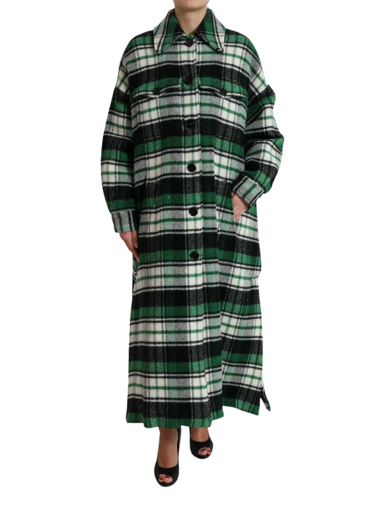 Green Plaid Long Sleeve Casual Coat Jacket