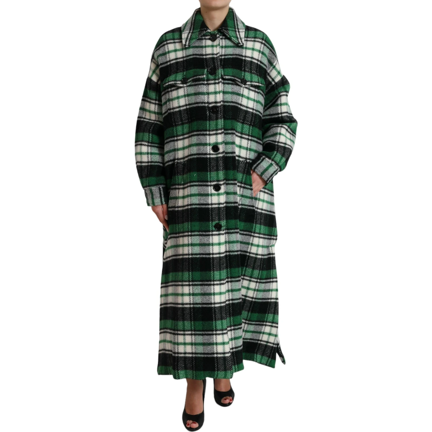 Green Plaid Long Sleeve Casual Coat Jacket