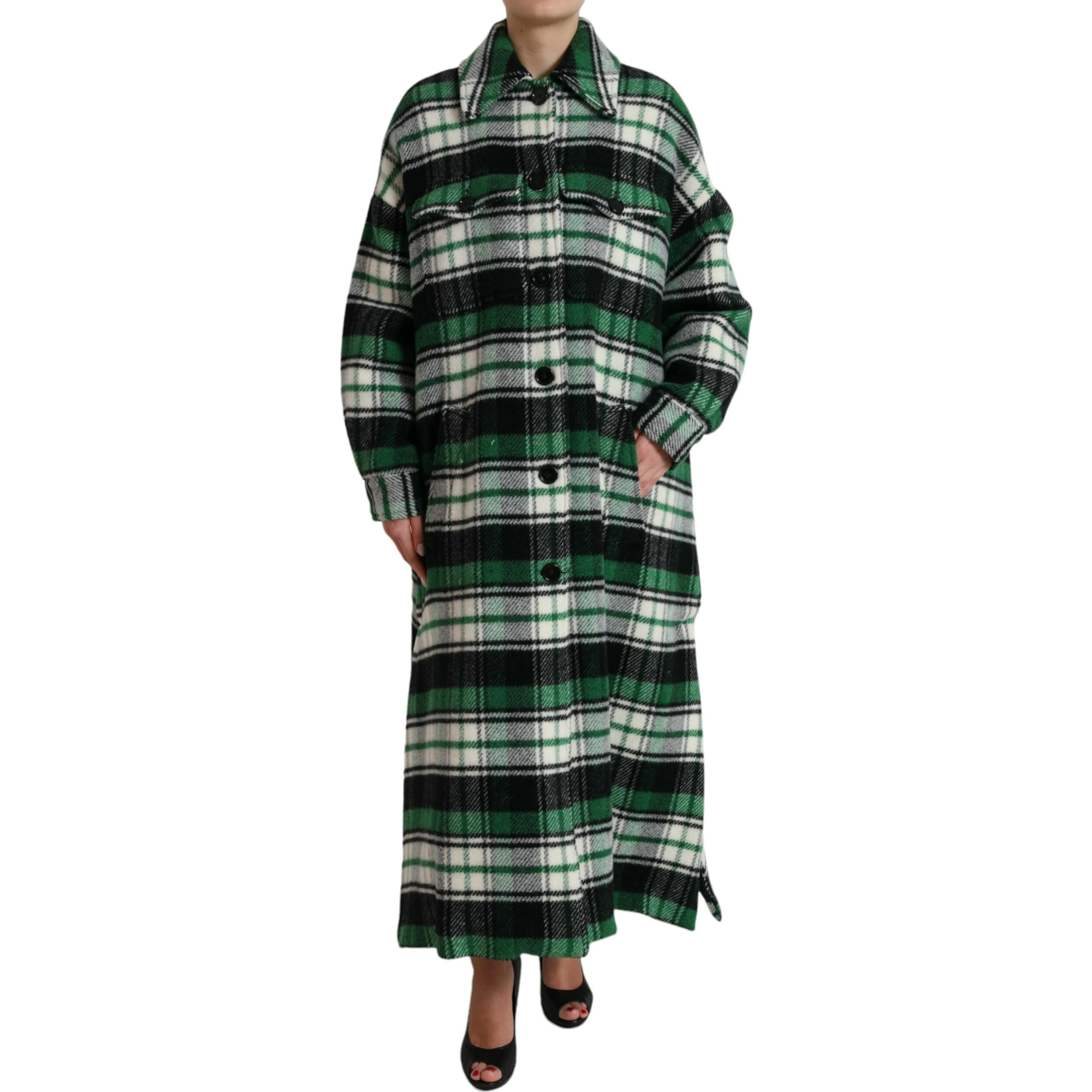 Green Plaid Long Sleeve Casual Coat Jacket