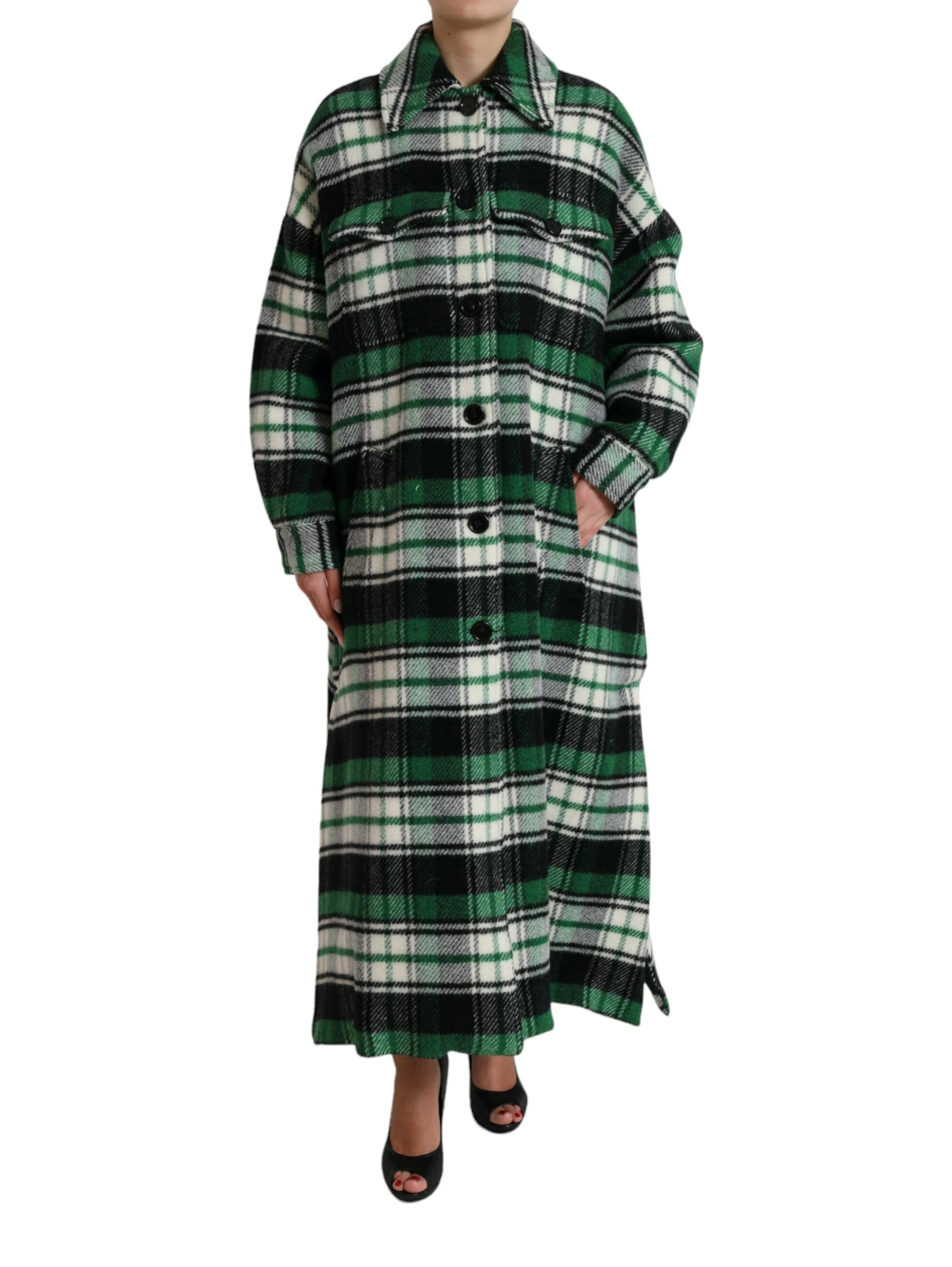 Green Plaid Long Sleeve Casual Coat Jacket
