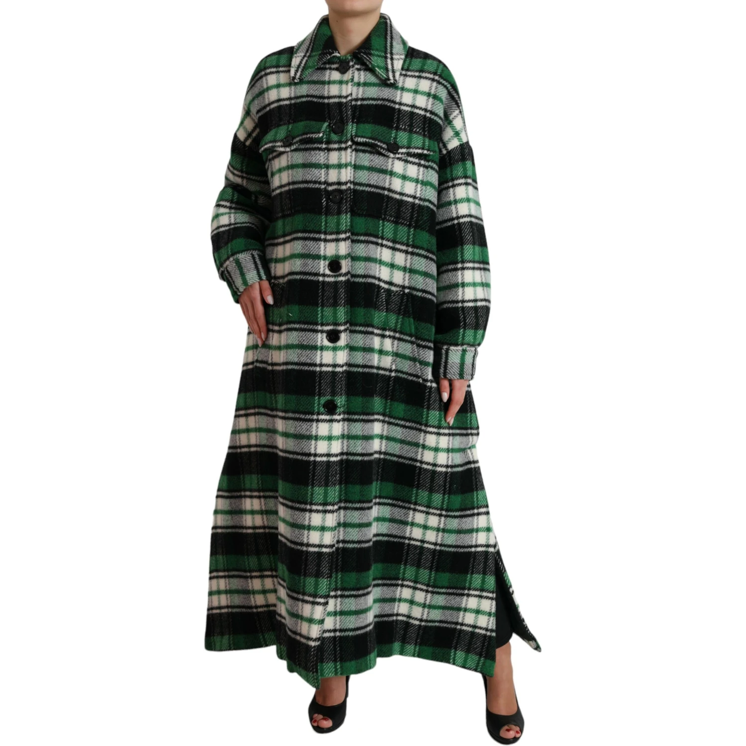 Green Plaid Long Sleeve Casual Coat Jacket