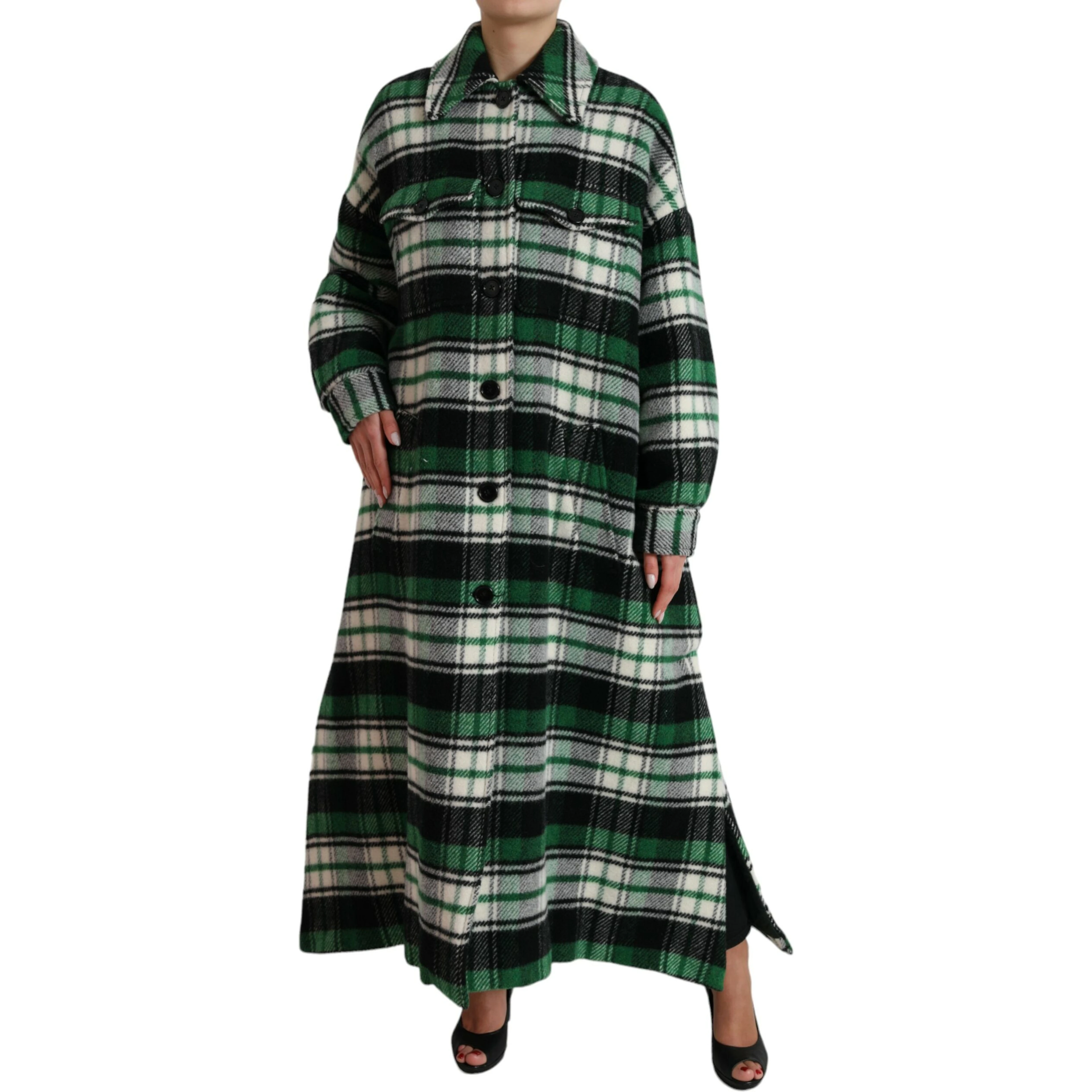 Green Plaid Long Sleeve Casual Coat Jacket