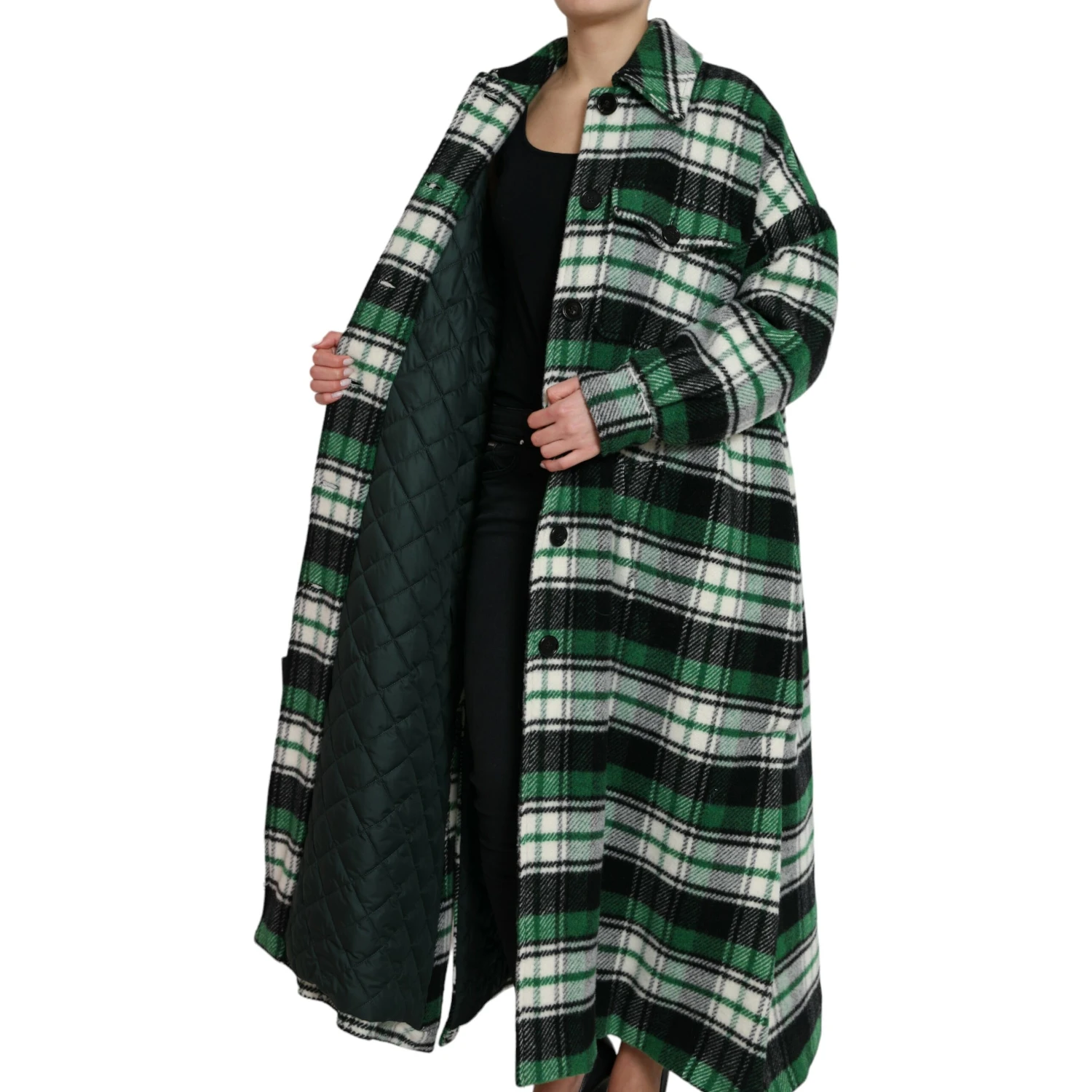 Green Plaid Long Sleeve Casual Coat Jacket