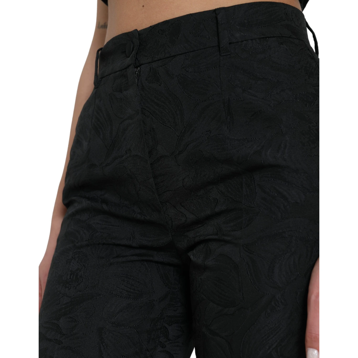 Black Polyester High Waist Tapered Pants