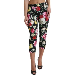Black Floral Print Mid Waist Cropped Pants