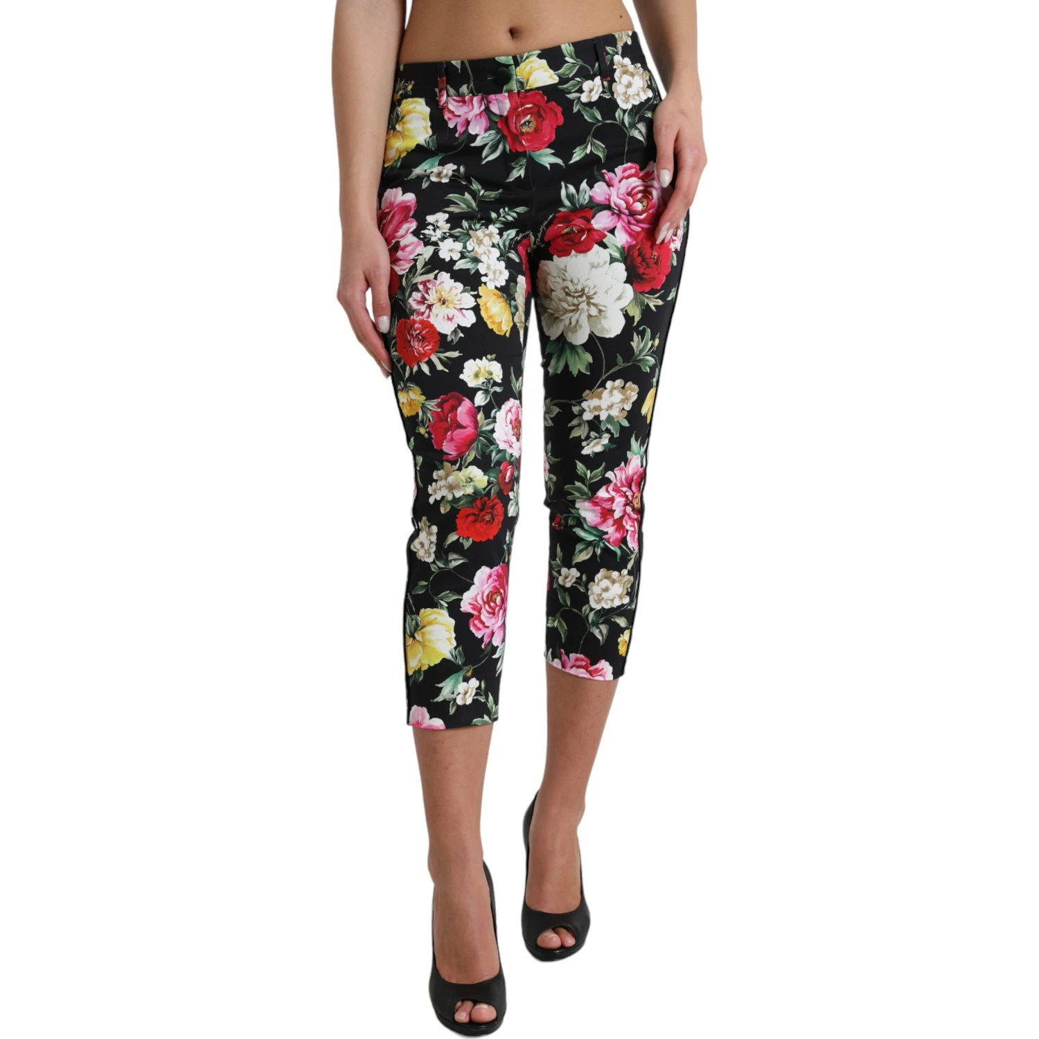 Black Floral Print Mid Waist Cropped Pants