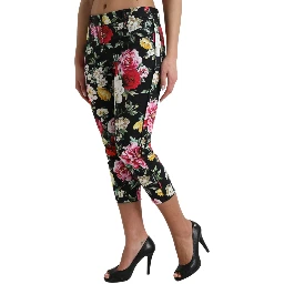 Black Floral Print Mid Waist Cropped Pants