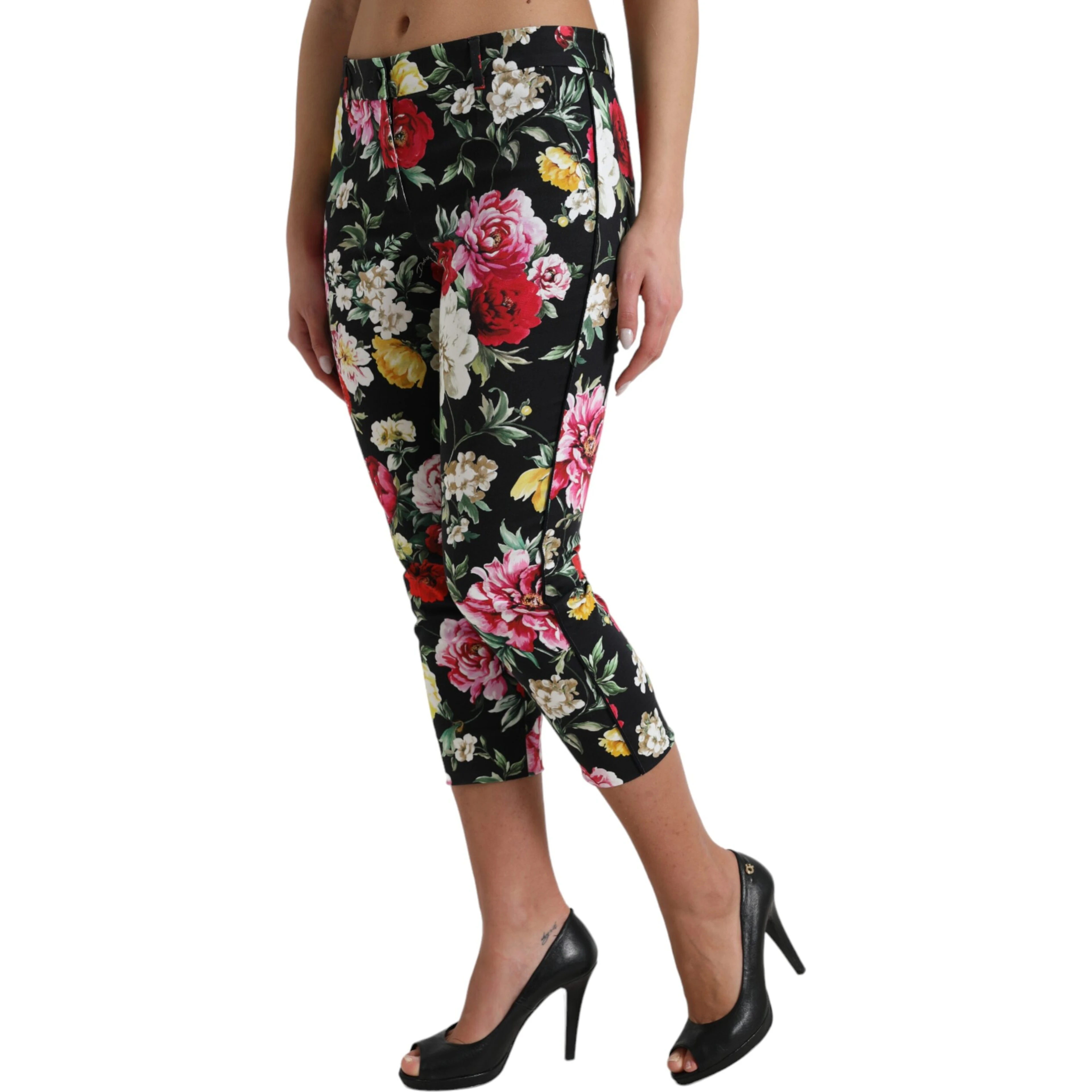 Black Floral Print Mid Waist Cropped Pants