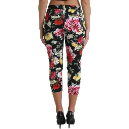 Black Floral Print Mid Waist Cropped Pants