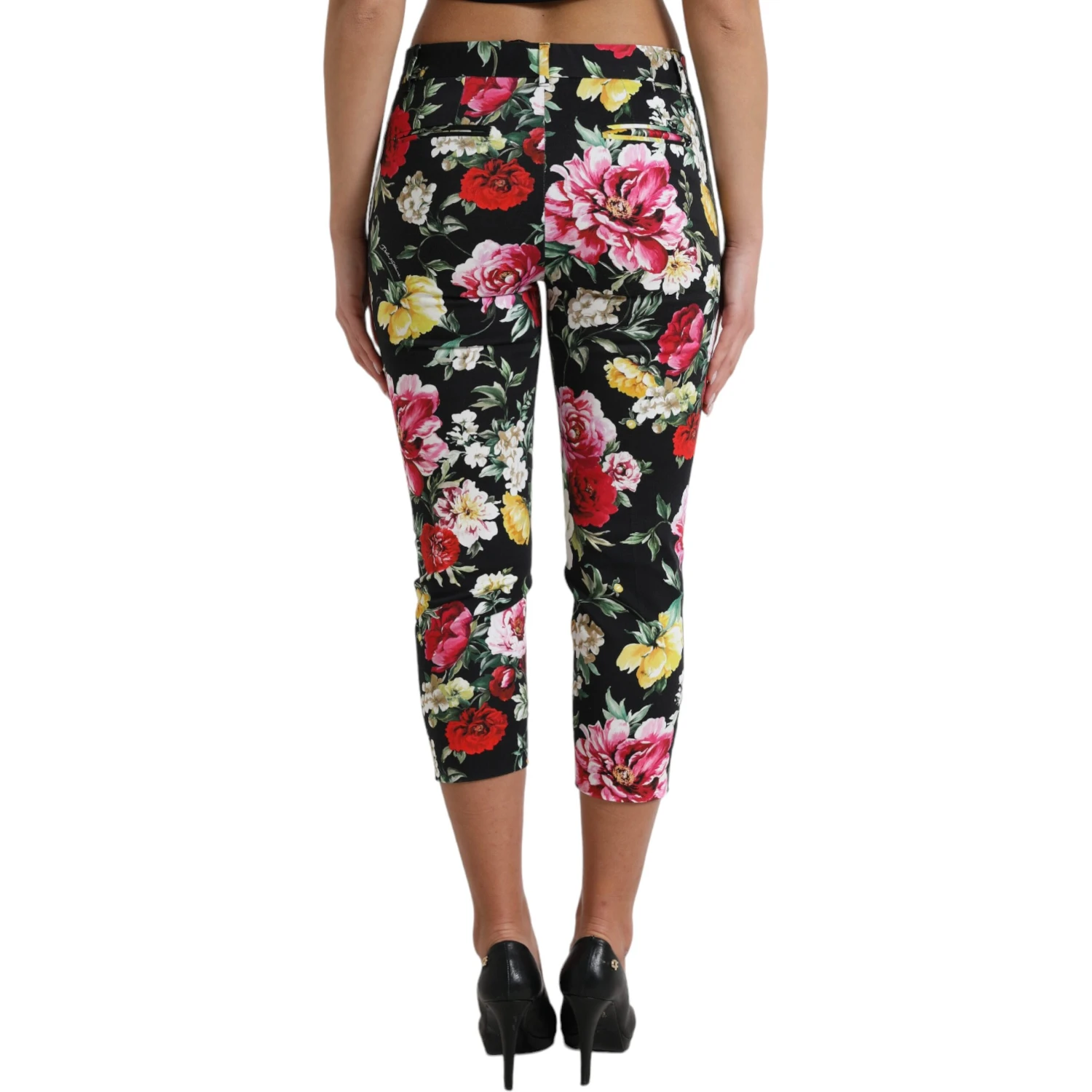 Black Floral Print Mid Waist Cropped Pants