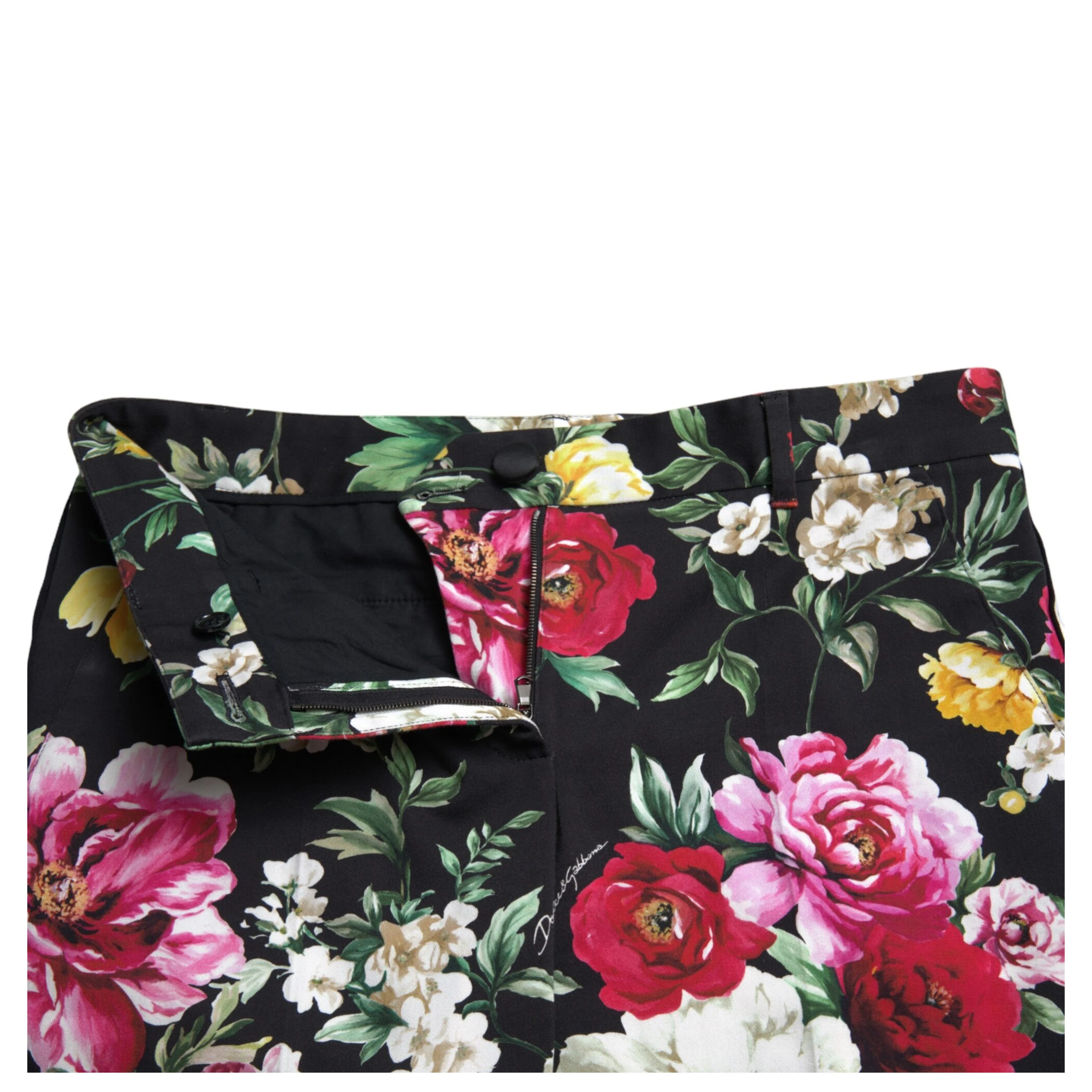 Black Floral Print Mid Waist Cropped Pants