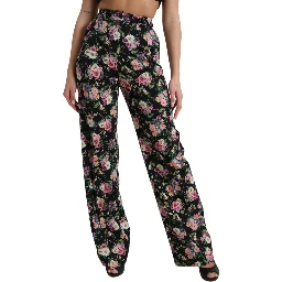 Black Floral Wool High Waist Wide Leg Pants