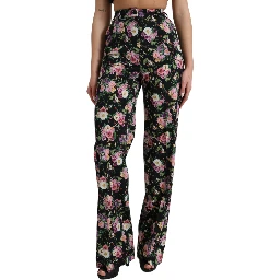 Black Floral Wool High Waist Wide Leg Pants