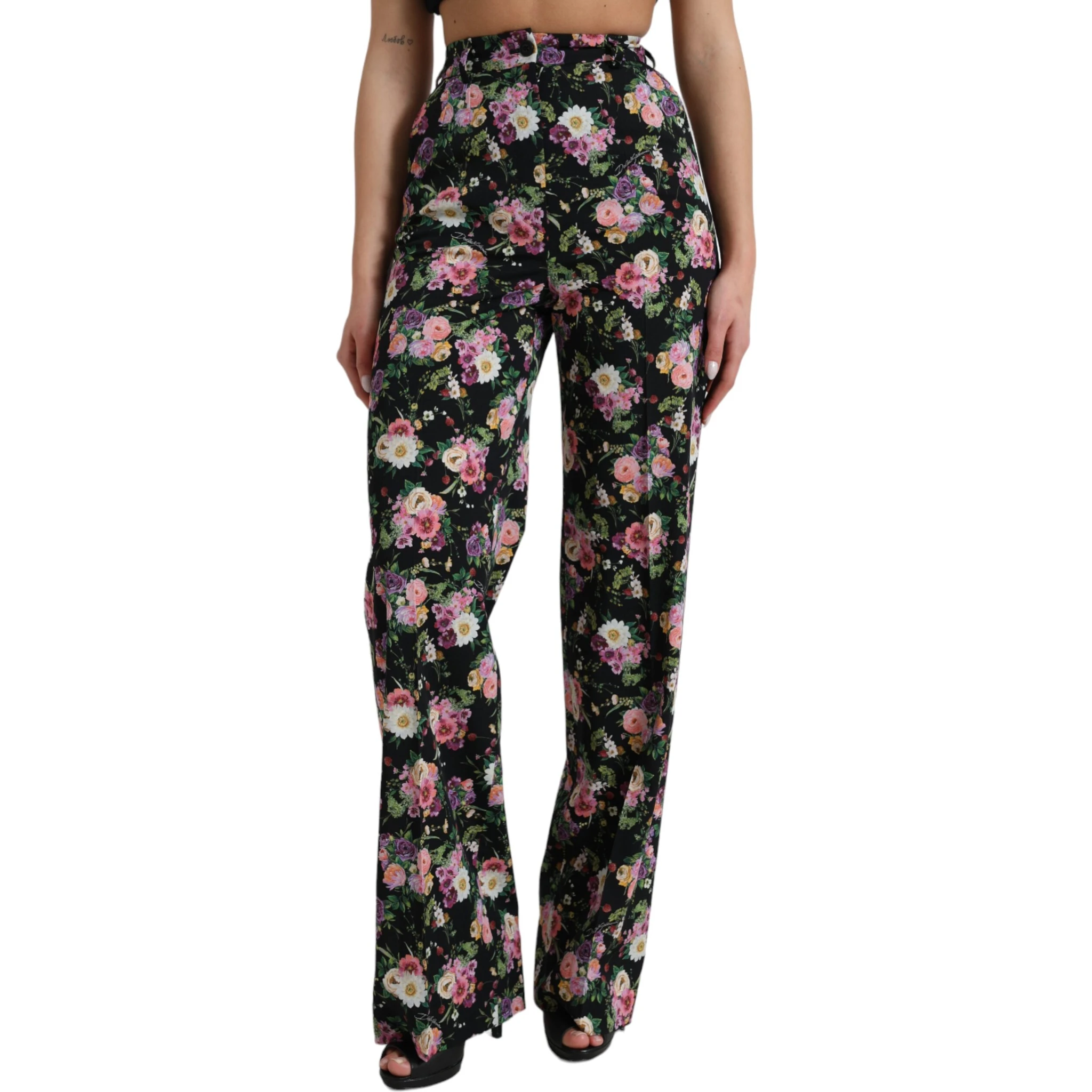 Black Floral Wool High Waist Wide Leg Pants
