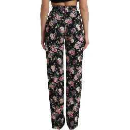 Black Floral Wool High Waist Wide Leg Pants
