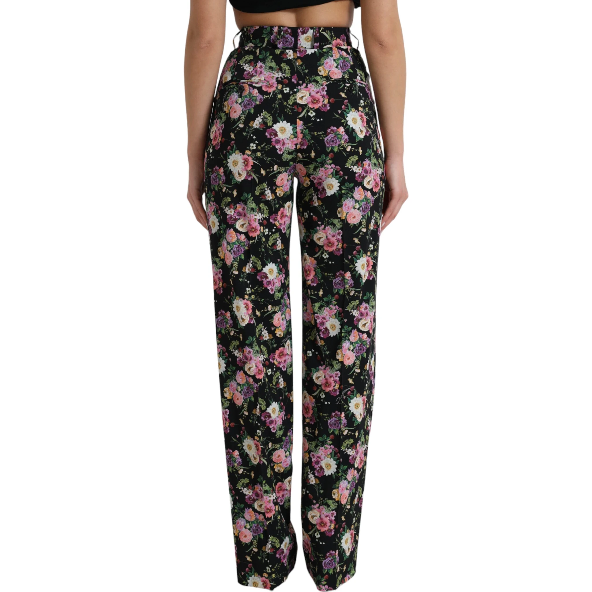 Black Floral Wool High Waist Wide Leg Pants