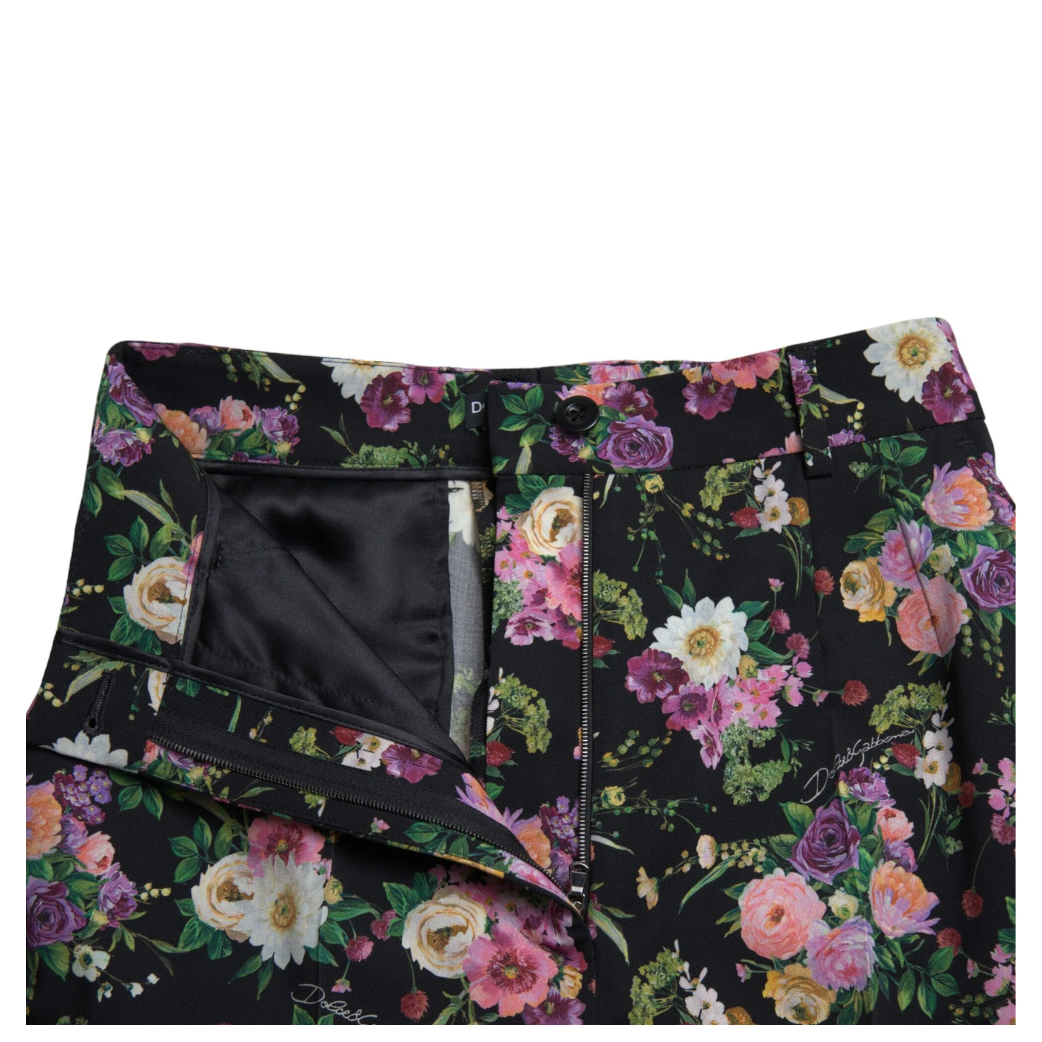 Black Floral Wool High Waist Wide Leg Pants
