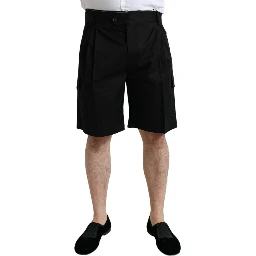 Black Cotton Stretch Cargo Bermuda Shorts