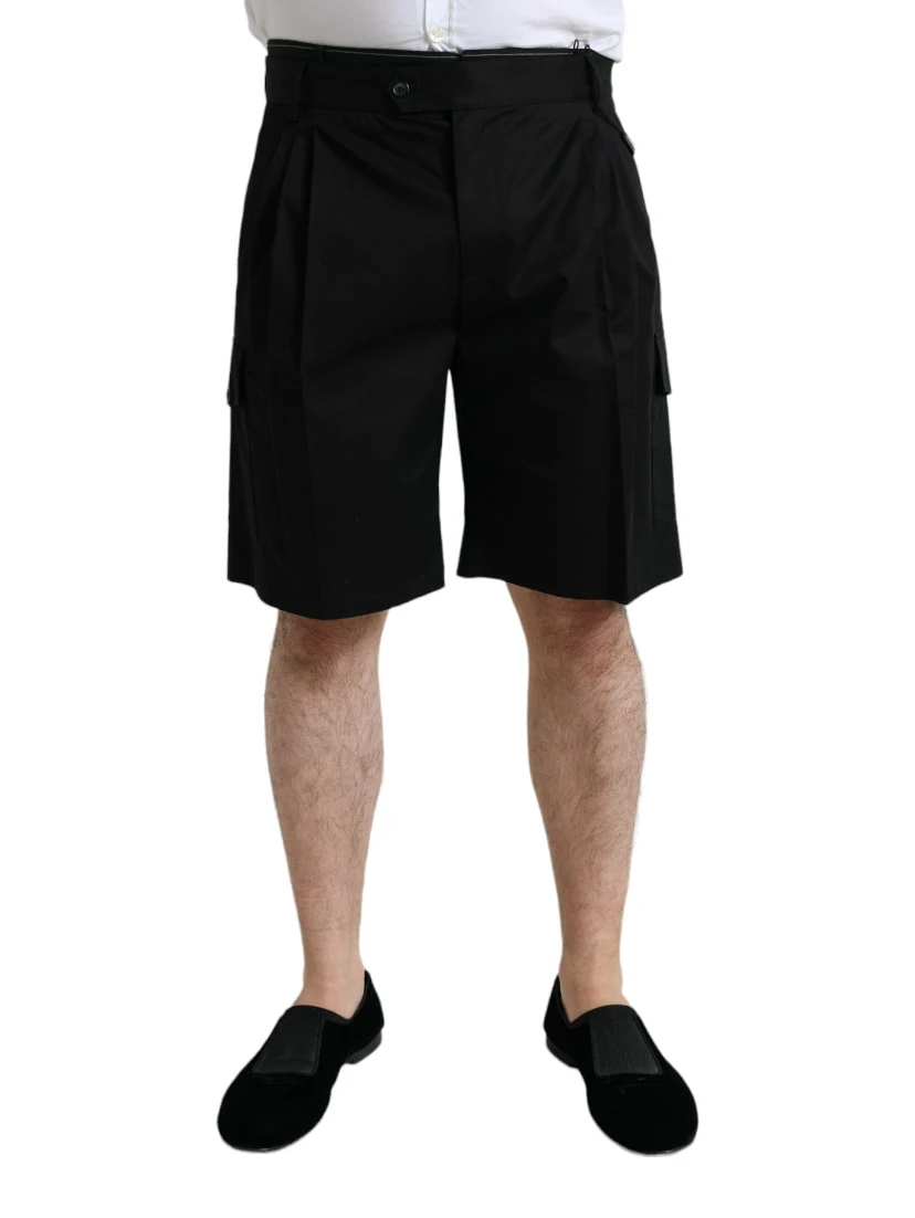 Black Cotton Stretch Cargo Bermuda Shorts