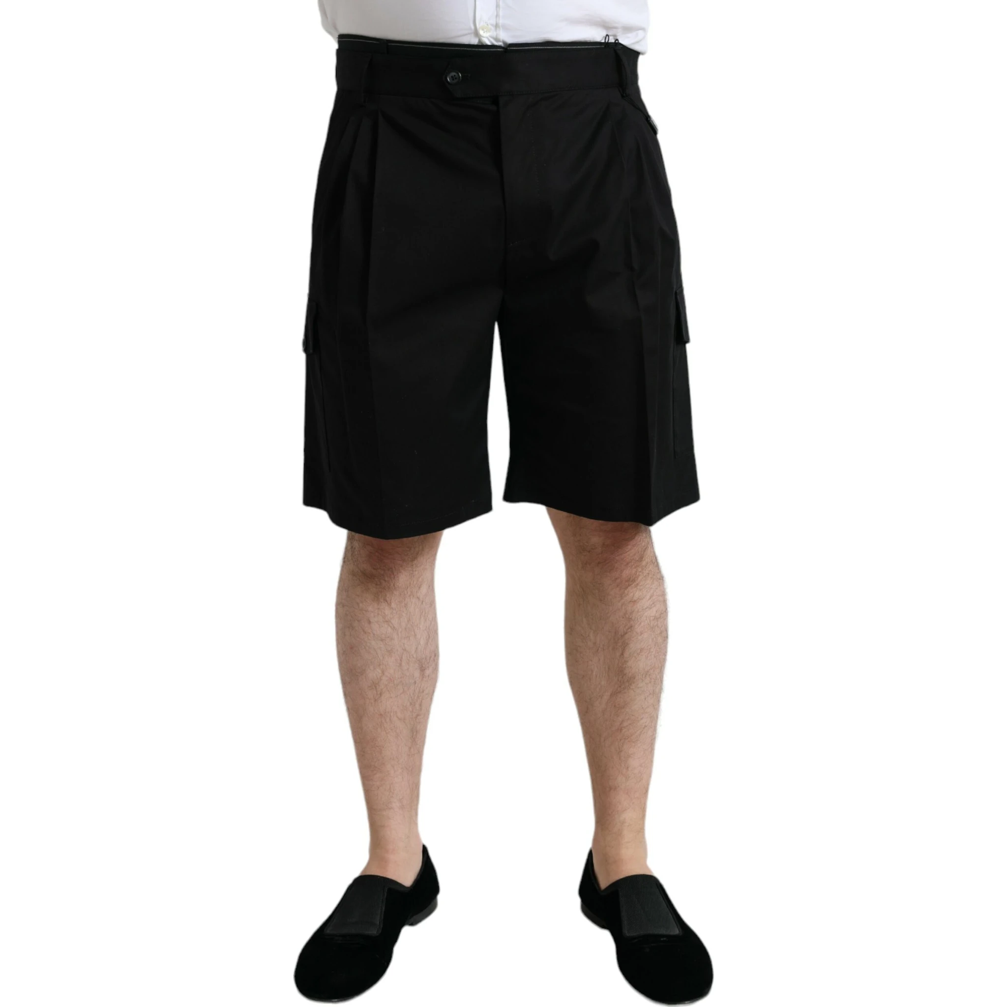 Black Cotton Stretch Cargo Bermuda Shorts