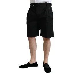 Black Cotton Stretch Cargo Bermuda Shorts