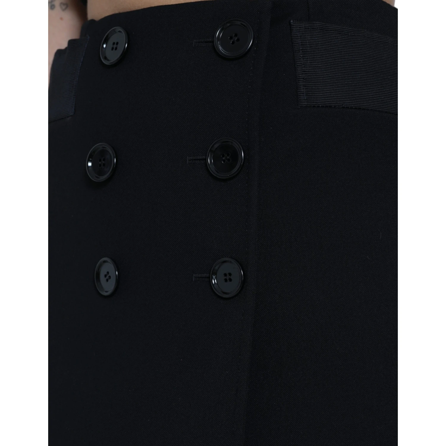 Black Wool Button High Waist Aline Mini Skirt